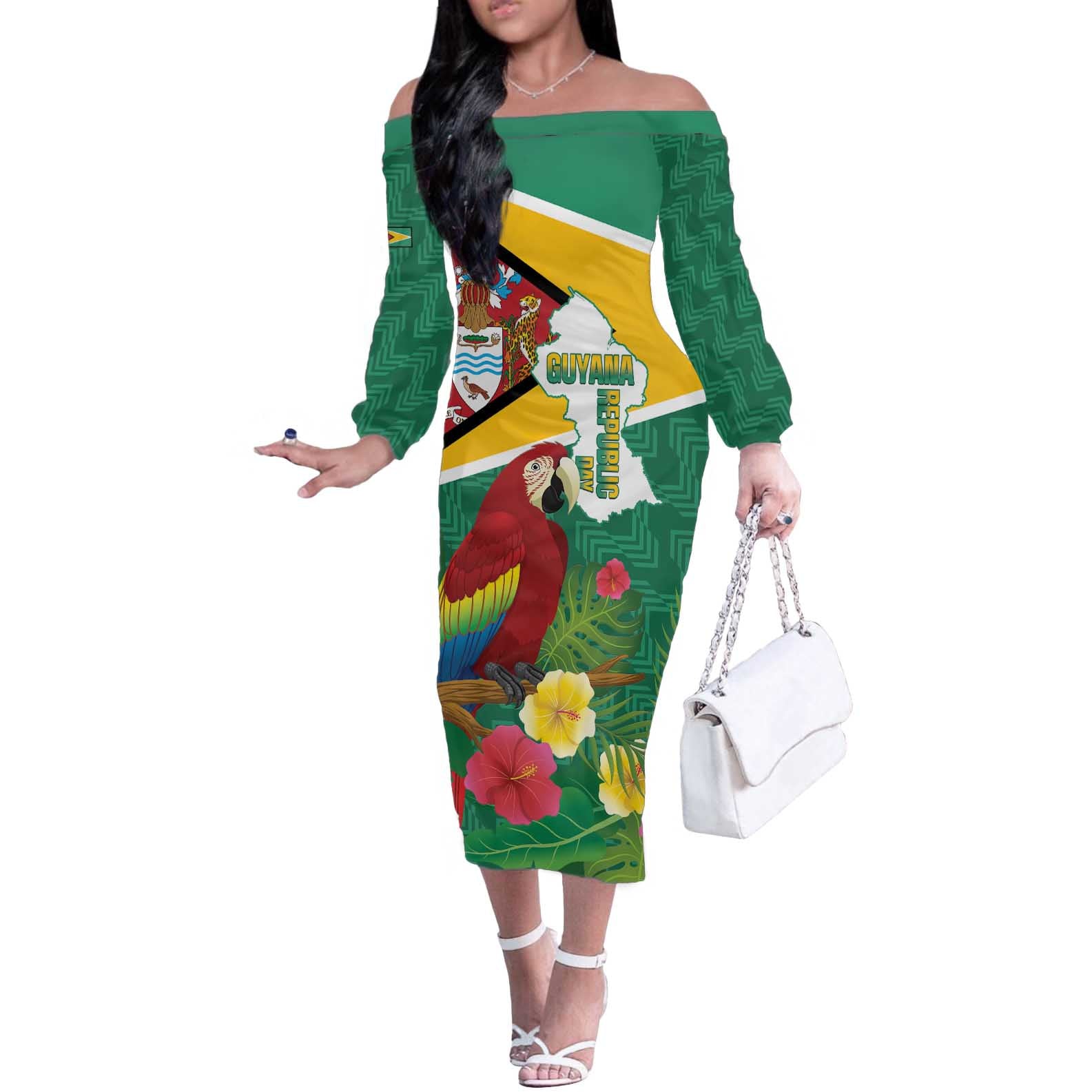 Guyana Republic Day Off The Shoulder Long Sleeve Dress Scarlet Macaw With Map Tropical Style