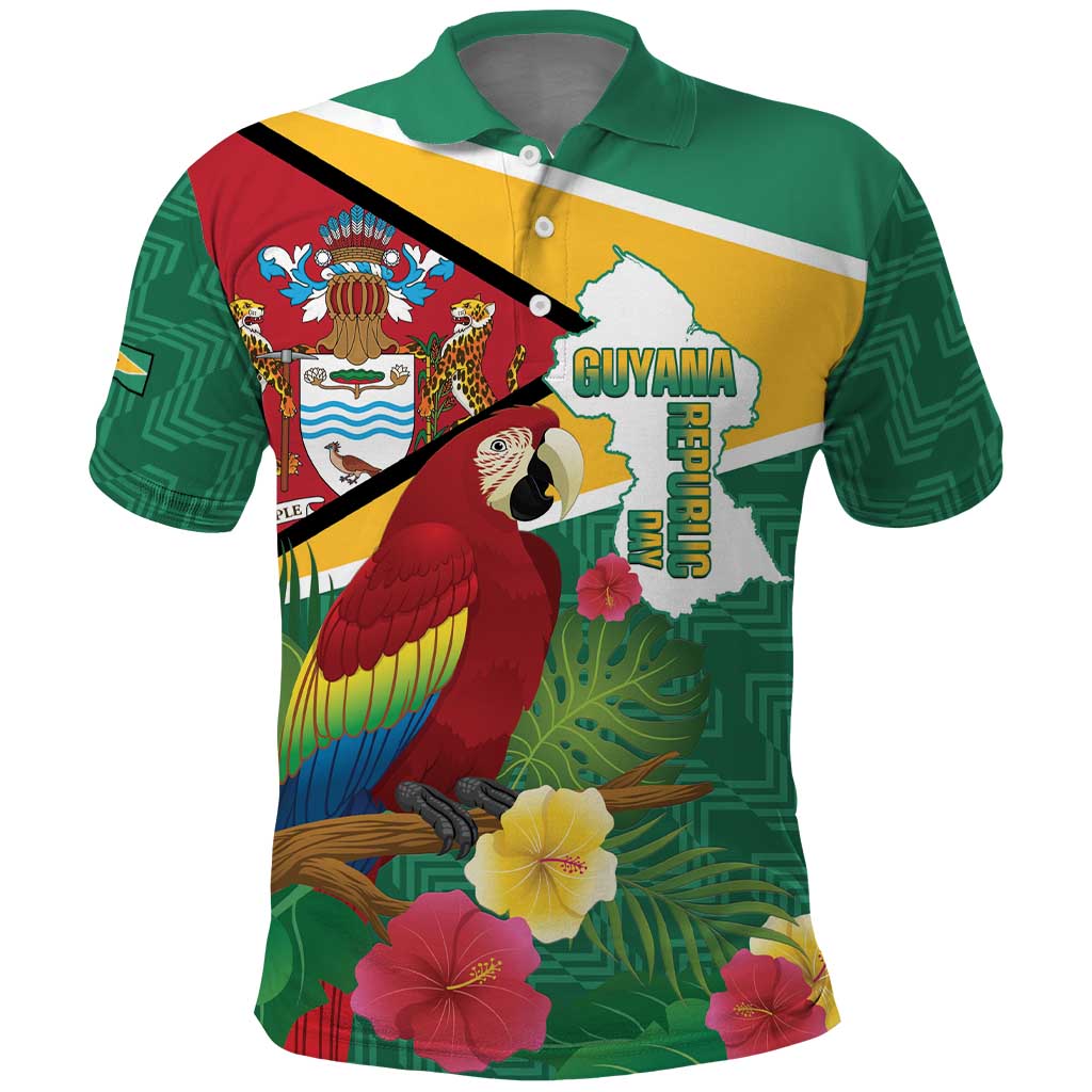 Guyana Republic Day Polo Shirt Scarlet Macaw With Map Tropical Style