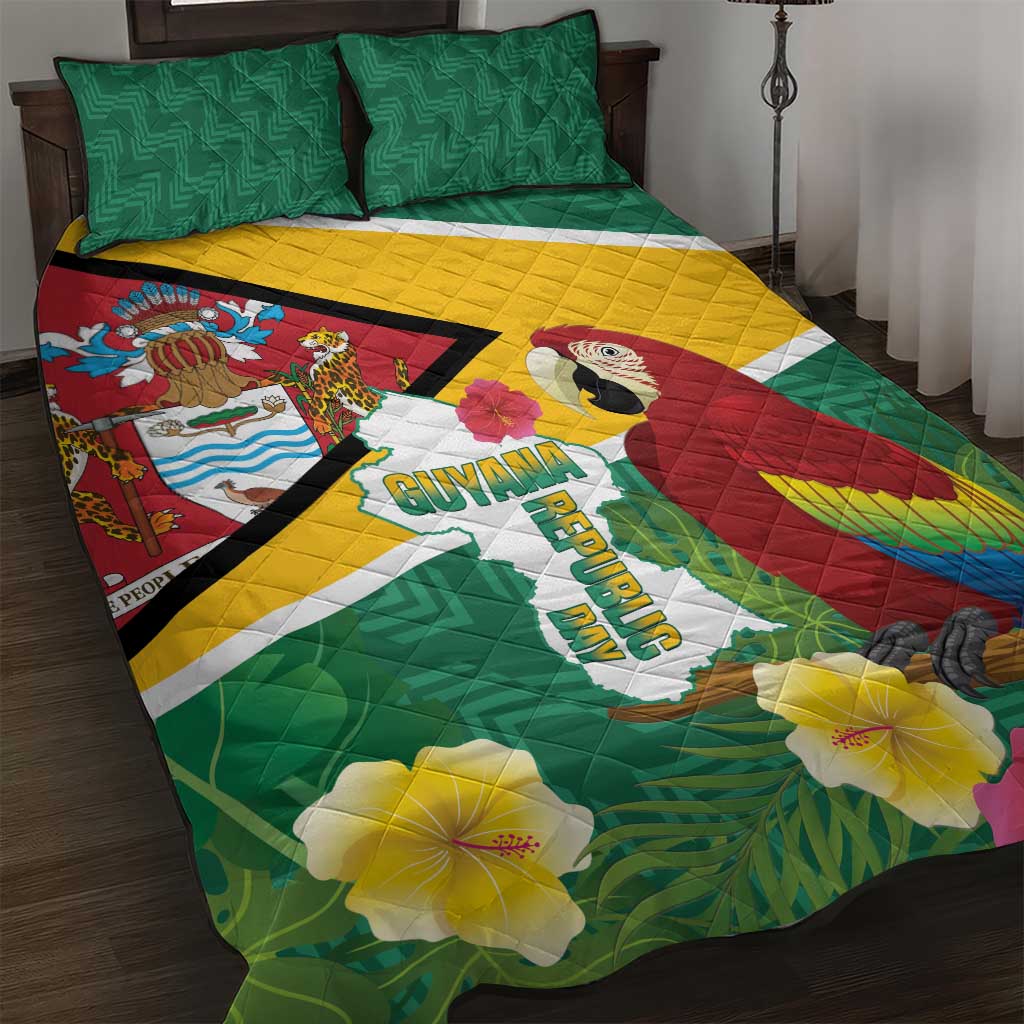 Guyana Republic Day Quilt Bed Set Scarlet Macaw With Map Tropical Style - Wonder Print Shop