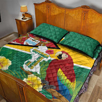 Green quilt bed set with macaw, Guyana map graphic, and large yellow flowers; two pillows.