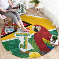 Round tropical map carpet with scarlet macaw and Guyana text, multicolor border