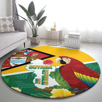 Round tropical map carpet featuring scarlet macaw and Guyana text on green map