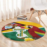 Round tropical map carpet with scarlet macaw and Guyana text, multicolor design