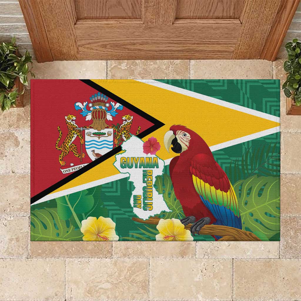 Guyana Republic Day Rubber Doormat Scarlet Macaw With Map Tropical Style - Wonder Print Shop