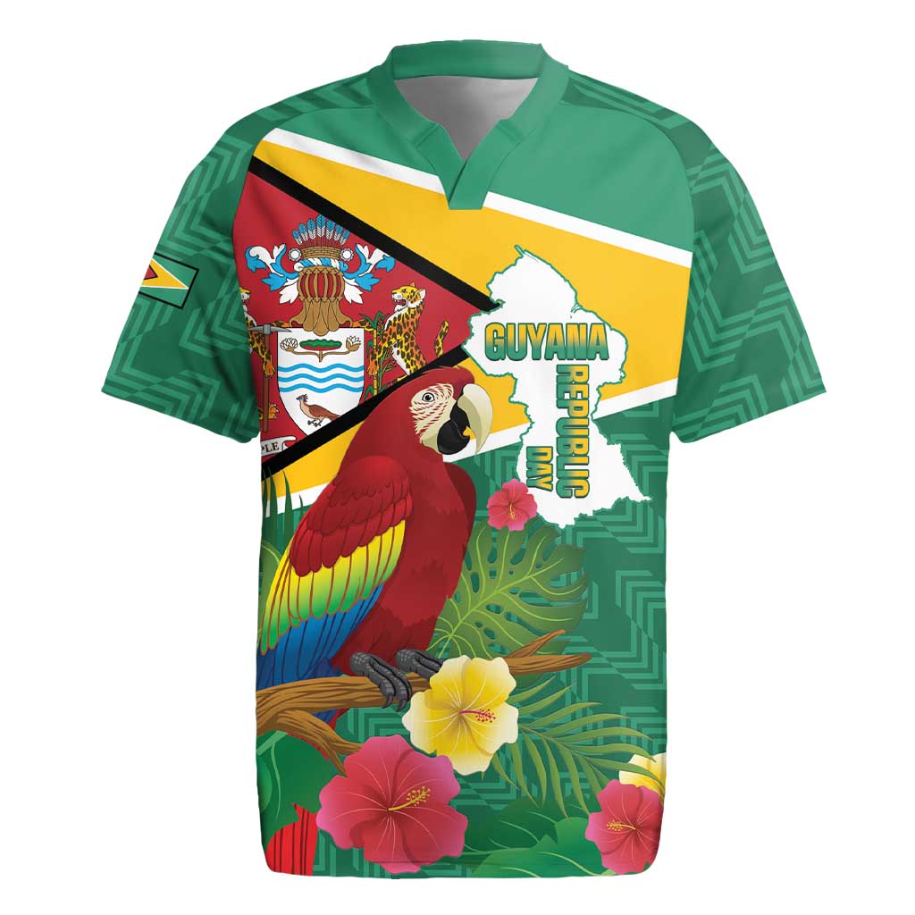 Guyana Republic Day Rugby Jersey Scarlet Macaw With Map Tropical Style - Wonder Print Shop