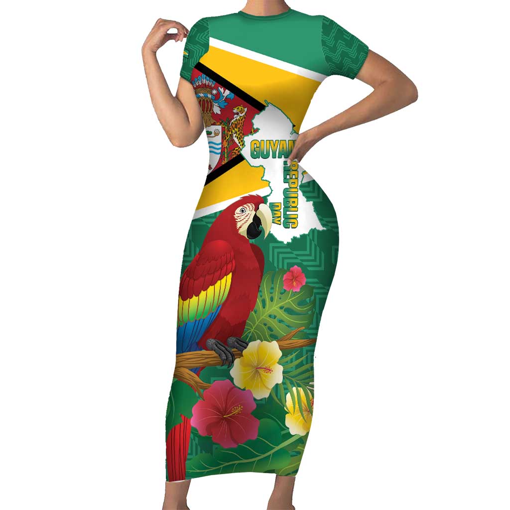 Guyana Republic Day Short Sleeve Bodycon Dress Scarlet Macaw With Map Tropical Style - Wonder Print Shop