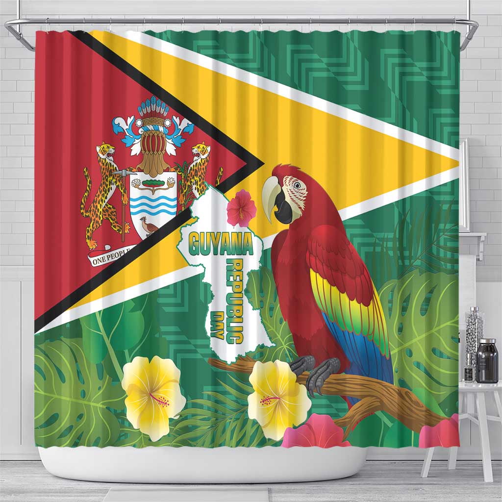 Guyana shower curtain featuring flag colors, scarlet macaw, tropical flowers, and map graphics
