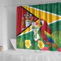 Guyana shower curtain panel with macaw bird, tropical flowers, and flag map-style design