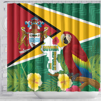Guyana shower curtain with flag colors, scarlet macaw, tropical flowers, and vertical emblem