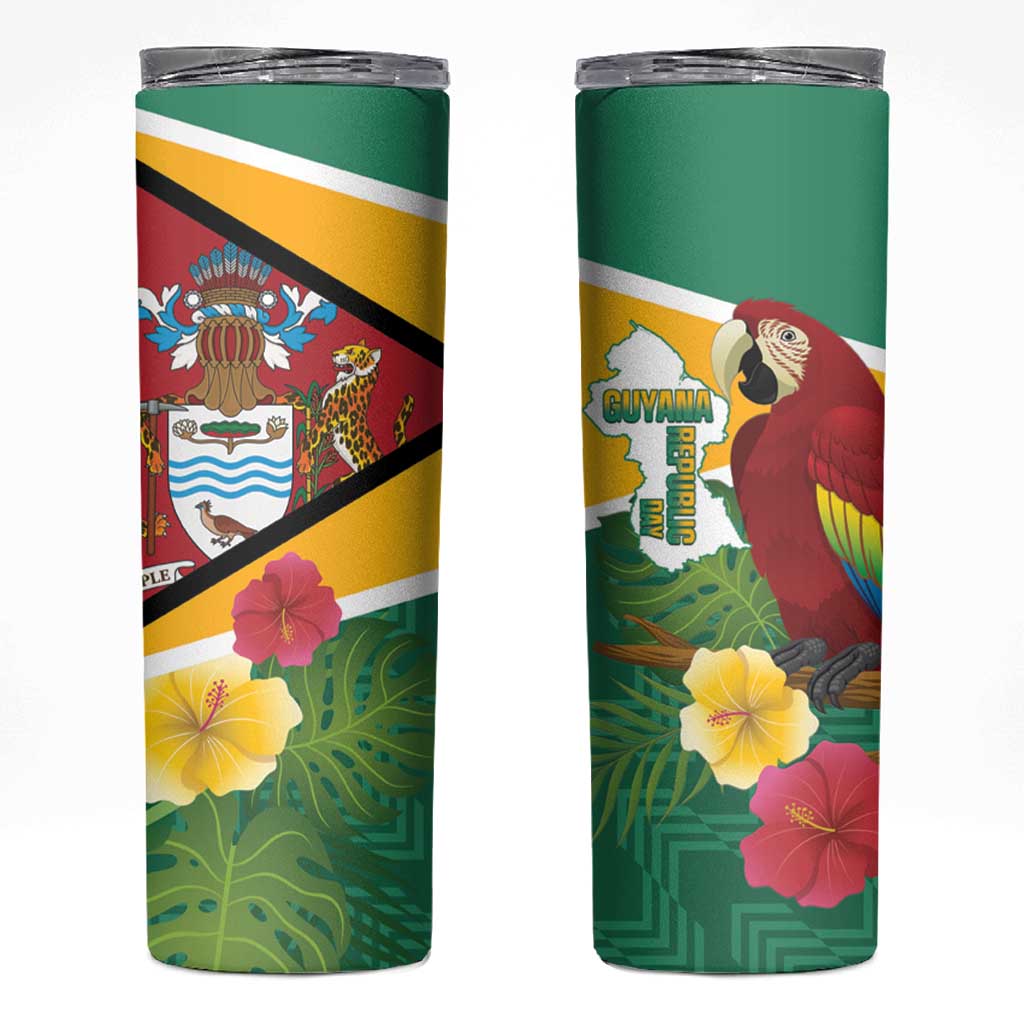 Guyana Republic Day Skinny Tumbler Scarlet Macaw With Map Tropical Style - Wonder Print Shop