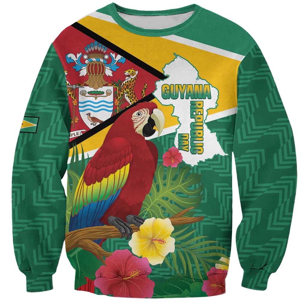 Guyana Republic Day Sweatshirt Scarlet Macaw With Map Tropical Style - Wonder Print Shop