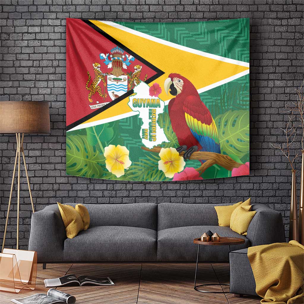 Guyana flag tapestry featuring a scarlet macaw and map design on green fabric