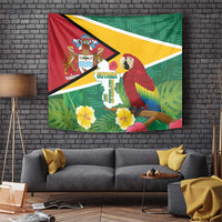 Guyana flag tapestry featuring a scarlet macaw and map design on green fabric