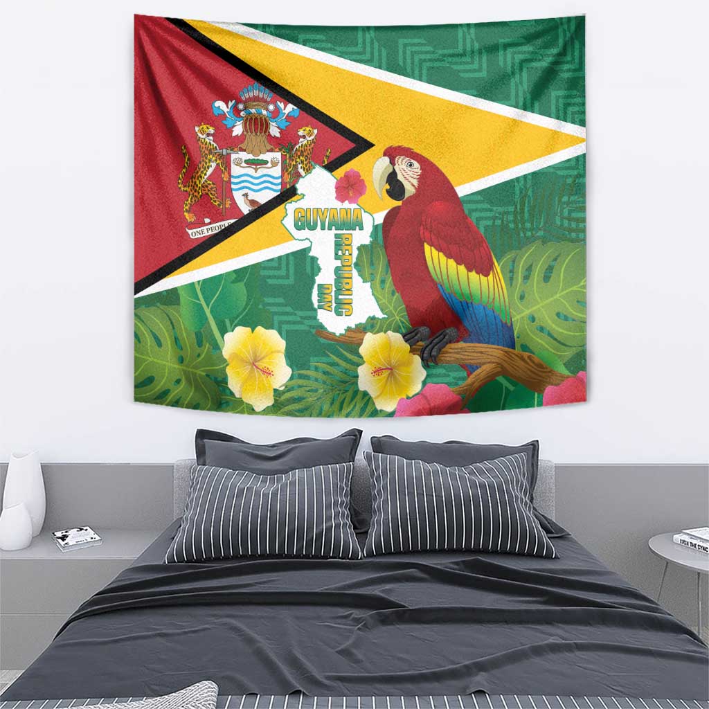 Guyana wall tapestry with crest, scarlet macaw, map text, and green leaf pattern