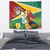 Guyana wall tapestry with crest, scarlet macaw, map text, and green leaf pattern