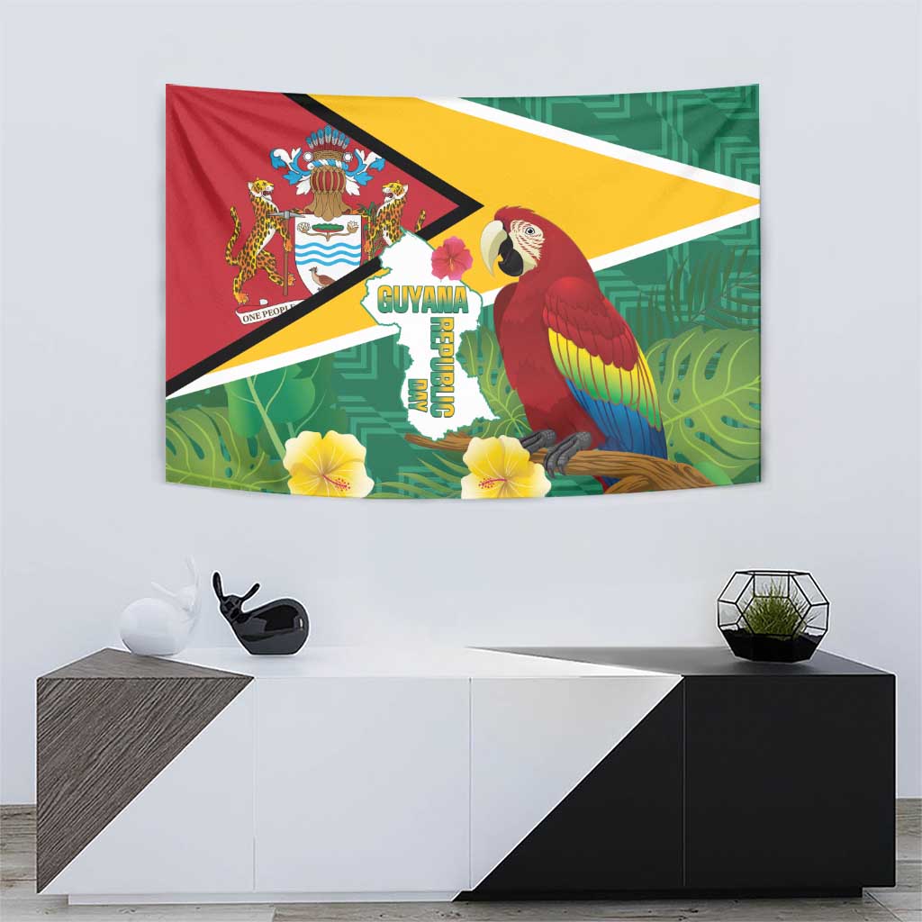 Guyana flag tapestry showing scarlet macaw perched on branch with map emblem