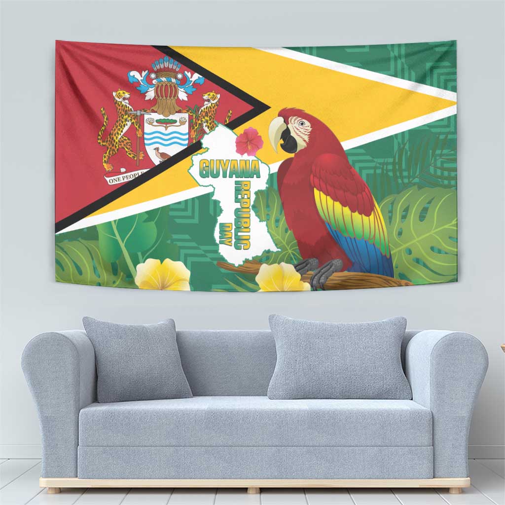 Guyana flag tapestry with scarlet macaw and map emblem, green leaves and hibiscus flowers