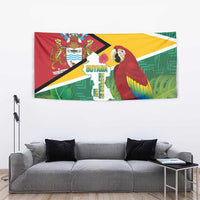 Guyana flag tapestry with scarlet macaw, map emblem, green leaf pattern and yellow ribbon