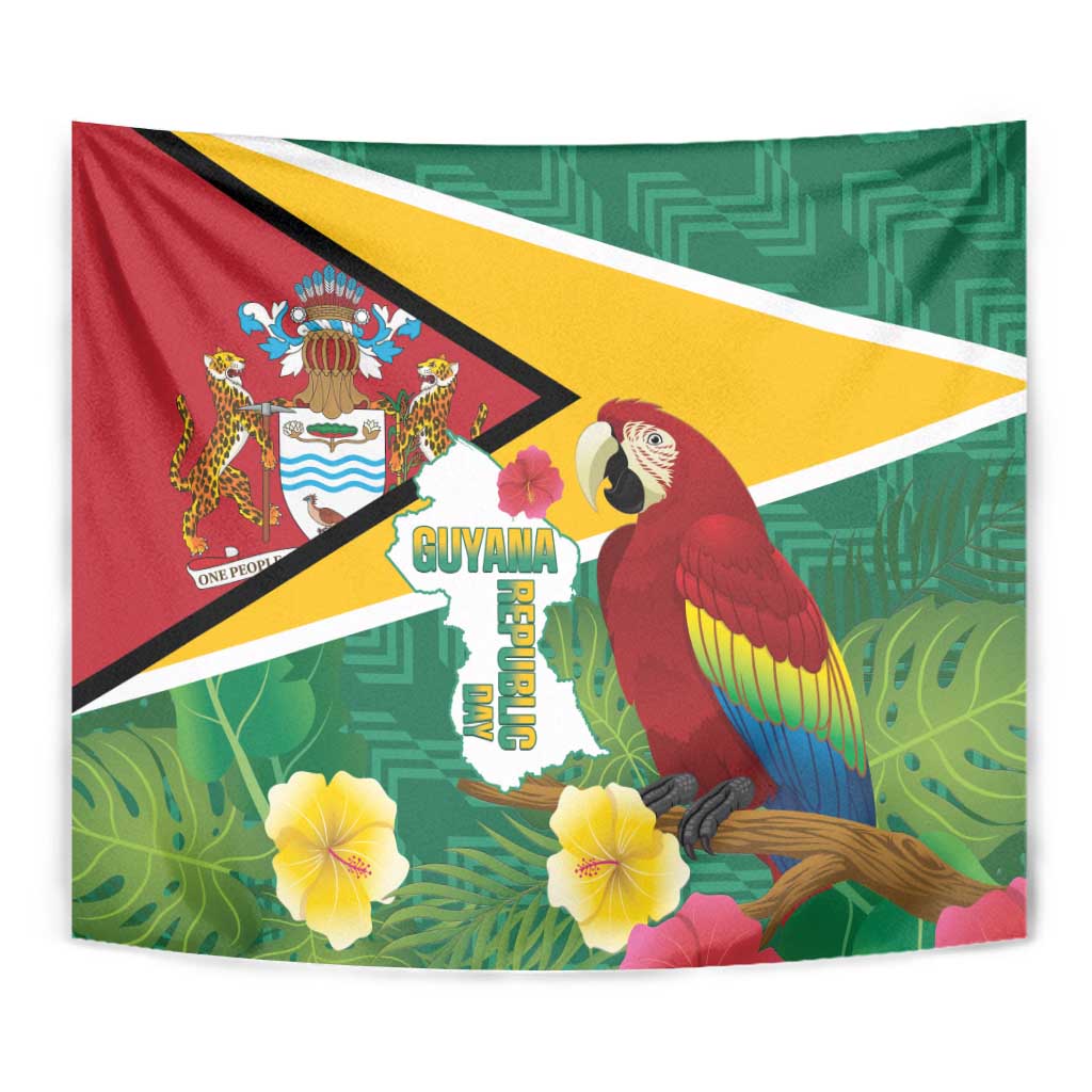 Guyana flag tapestry close-up with scarlet macaw, map text, and green patterned background