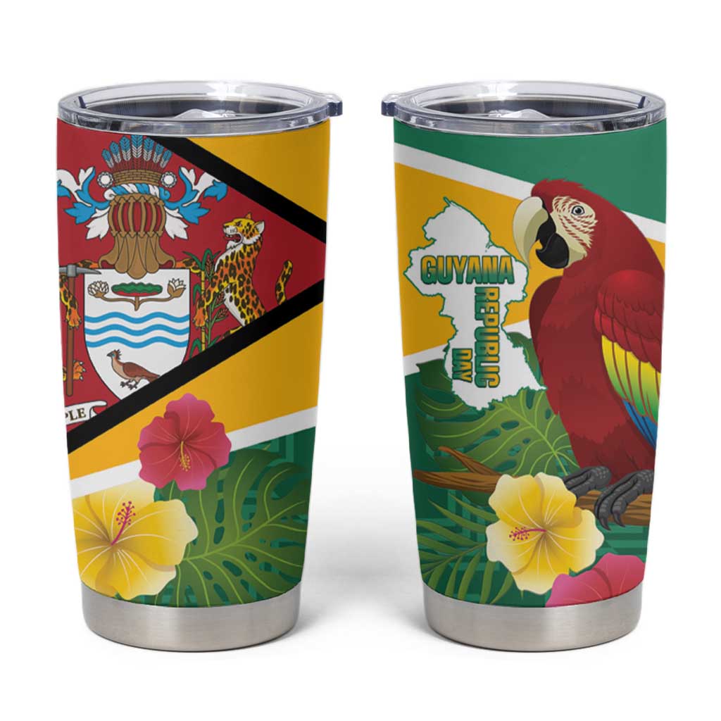 Guyana Republic Day Tumbler Cup Scarlet Macaw With Map Tropical Style - Wonder Print Shop