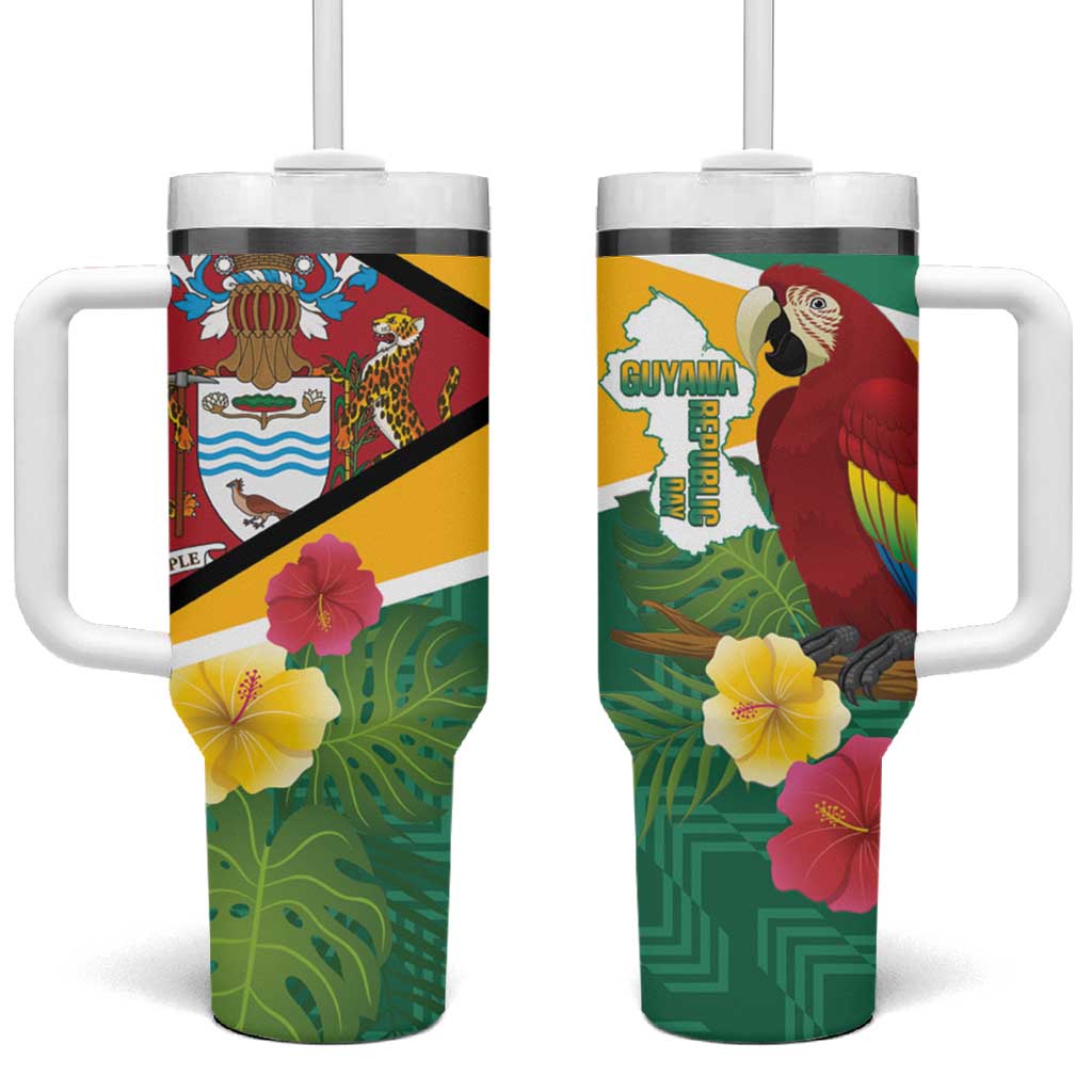 Guyana Republic Day Tumbler With Handle Scarlet Macaw With Map Tropical Style - Wonder Print Shop