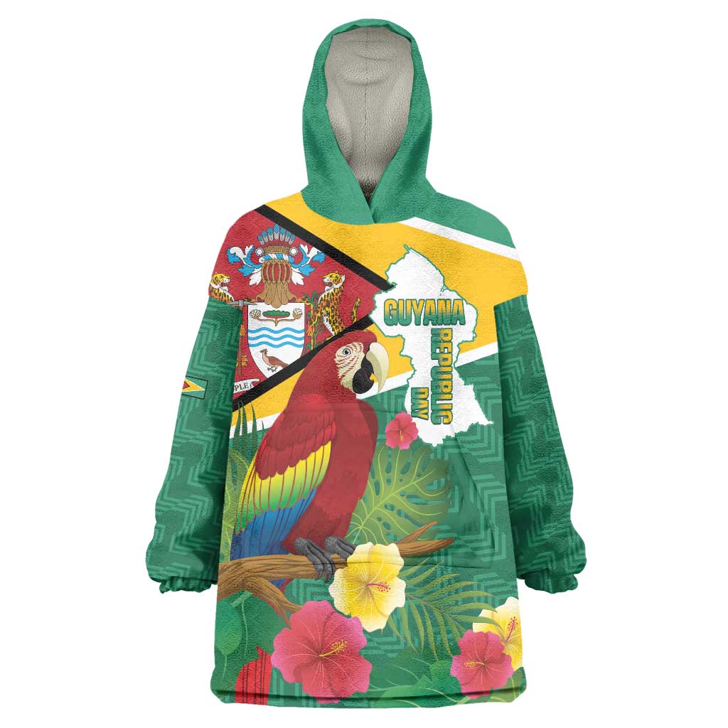 Guyana Republic Day Wearable Blanket Hoodie Scarlet Macaw With Map Tropical Style