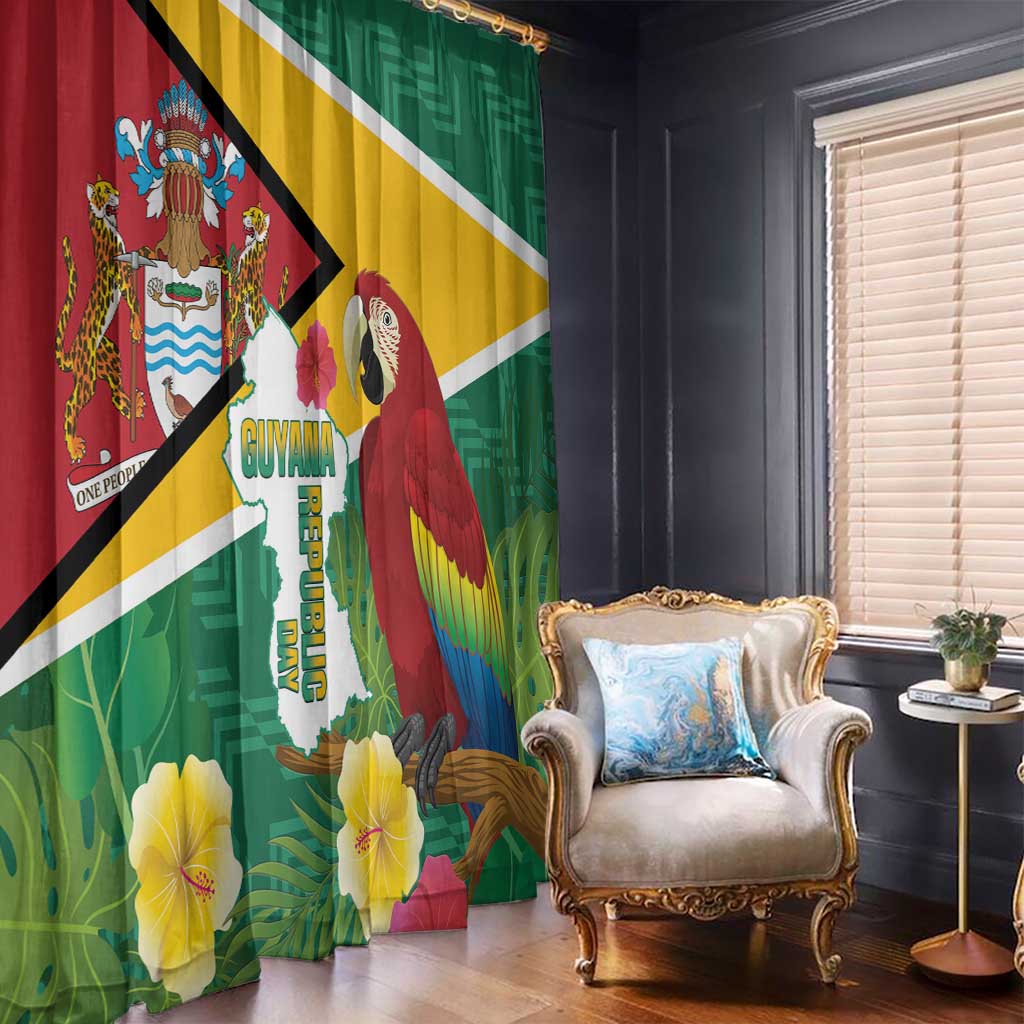Guyana-themed window curtains with scarlet macaw artwork and tropical leaf pattern in red, green, gold.