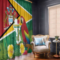 Guyana-themed window curtains with scarlet macaw artwork and tropical leaf pattern in red, green, gold.