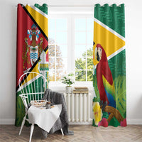 Hanging Guyana window curtains with macaw, Guyana text, and tropical leaf pattern in green, red, yellow.