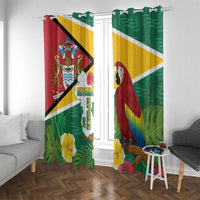 Window curtain set with scarlet macaw and Guyana emblem, tropical flowers, and flag colors.