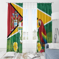 Guyana flag style window curtains with macaw and tropical flowers, shown with sheer white panel.