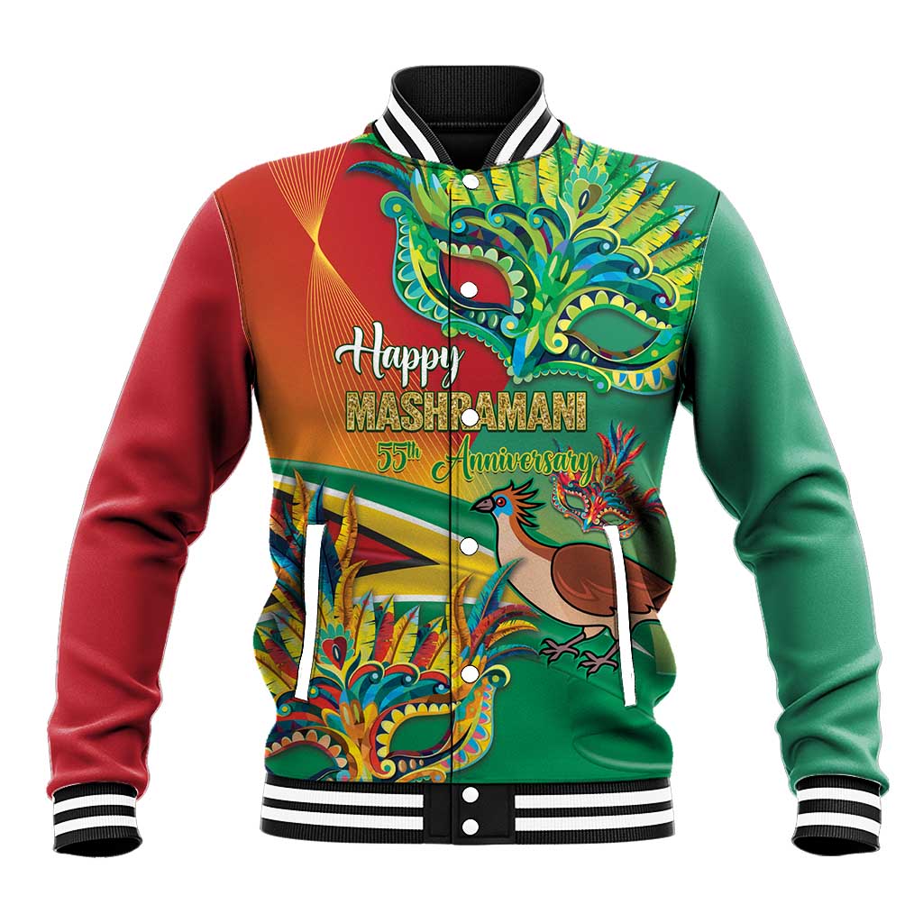Color-block baseball jacket with striped ribbed collar; green/red sleeves and Mashramani graphic