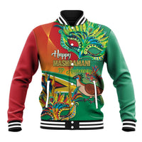 Color-block baseball jacket with striped ribbed collar; green/red sleeves and Mashramani graphic
