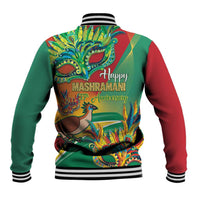 Baseball jacket back with striped ribbed collar and large Mashramani anniversary graphic