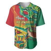 Green and red graphic baseball jersey with Happy Mashramani 55th anniversary print
