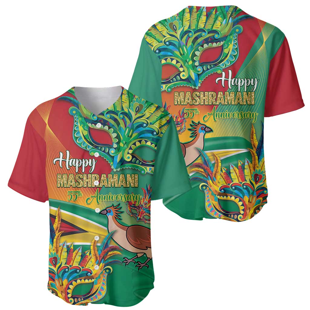 Two green and red graphic baseball jerseys with Happy Mashramani 55th anniversary prints