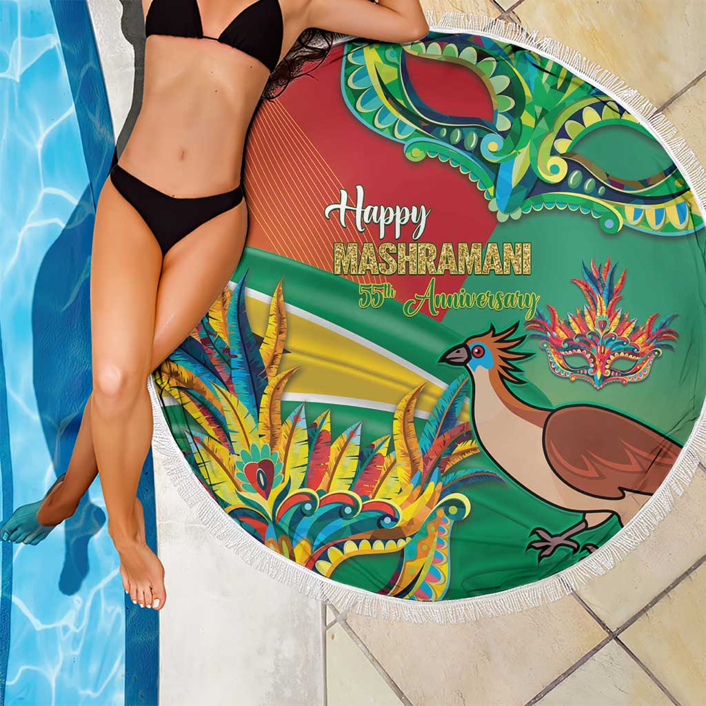 Round beach blanket near pool, green Happy Mashramani graphic with bird, dragon, white fringe