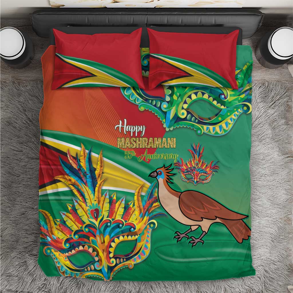 Red and green bedding set with colorful mask and bird graphics on duvet and pillows.