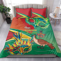 Bedding set with green duvet, red pillowcases, bird and festival mask artwork with text.