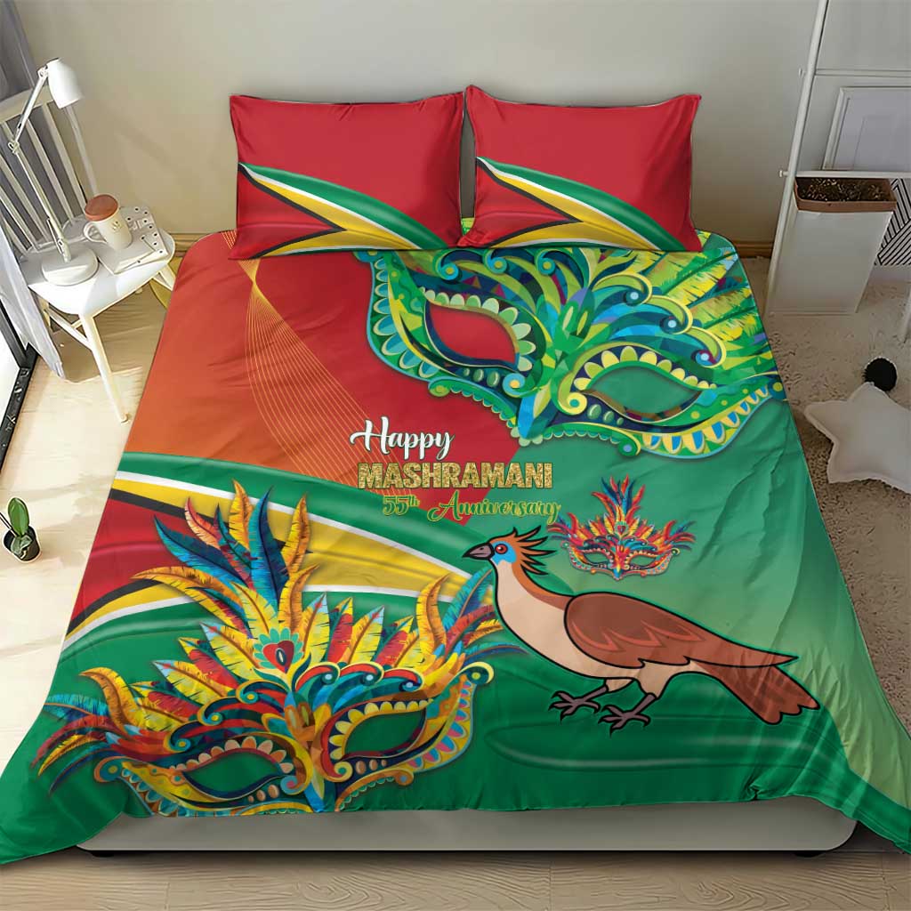 Bedding set featuring green duvet and red pillowcases with bird, mask, and festive lettering.