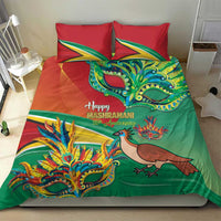 Bedding set featuring green duvet and red pillowcases with bird, mask, and festive lettering.