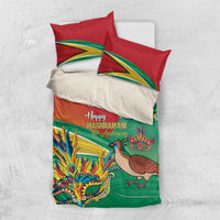 Green bedding set with red pillowcases, colorful bird and mask print, decorative slogan text.