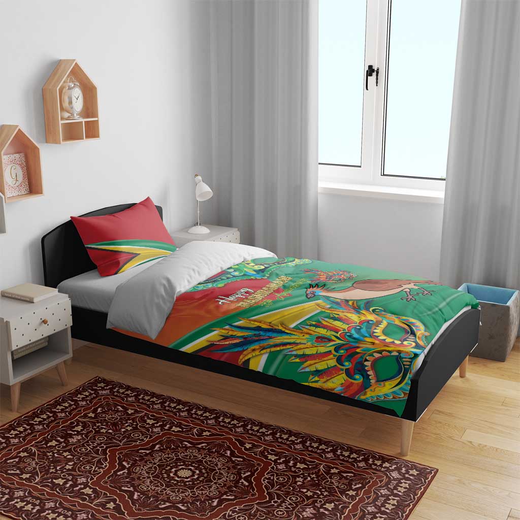 Bedding set with green duvet and red accent pillowcases featuring bird and mask artwork.