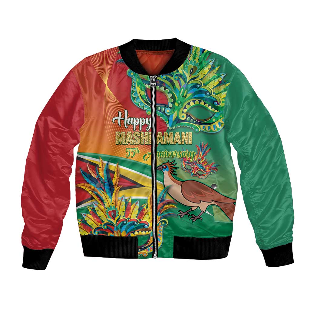 Red and green satin bomber jacket with zip front, colorful Mashramani graphic