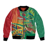 Red and green satin bomber jacket with zip front, colorful Mashramani graphic