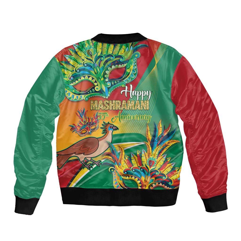 Green and red satin bomber jacket, ribbed cuffs, colorful Mashramani graphic on back
