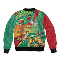 Green and red satin bomber jacket, ribbed cuffs, colorful Mashramani graphic on back