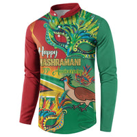 Front button sweatshirt, green and red sleeves, Happy Mashramani 55th Anniversary print