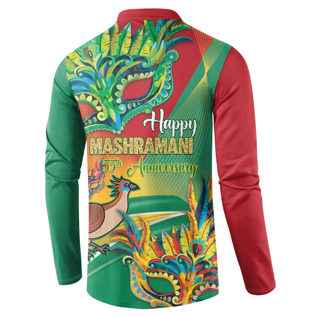 Back button sweatshirt, green and red sleeves, Happy Mashramani 55th Anniversary graphic