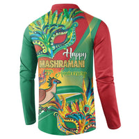 Back button sweatshirt, green and red sleeves, Happy Mashramani 55th Anniversary graphic